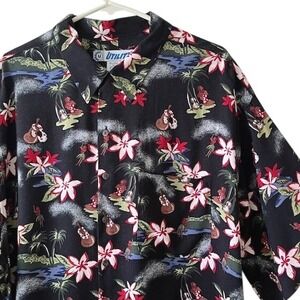 Utility Mens‎ Hawaiian Shirt XL Black Tropical Floral Palm Tree Ukulele Vintage